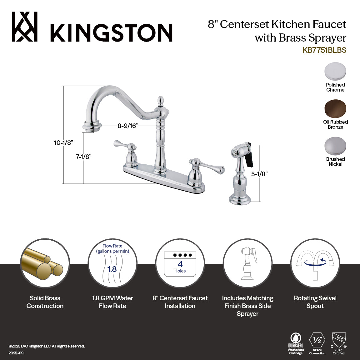 Kingston Heirloom KB7758BLBS - English Vintage Two-Handle 4-Hole 8" Centerset Kitchen Faucet with Brass Sprayer, Brushed Nickel — thumbnail 2